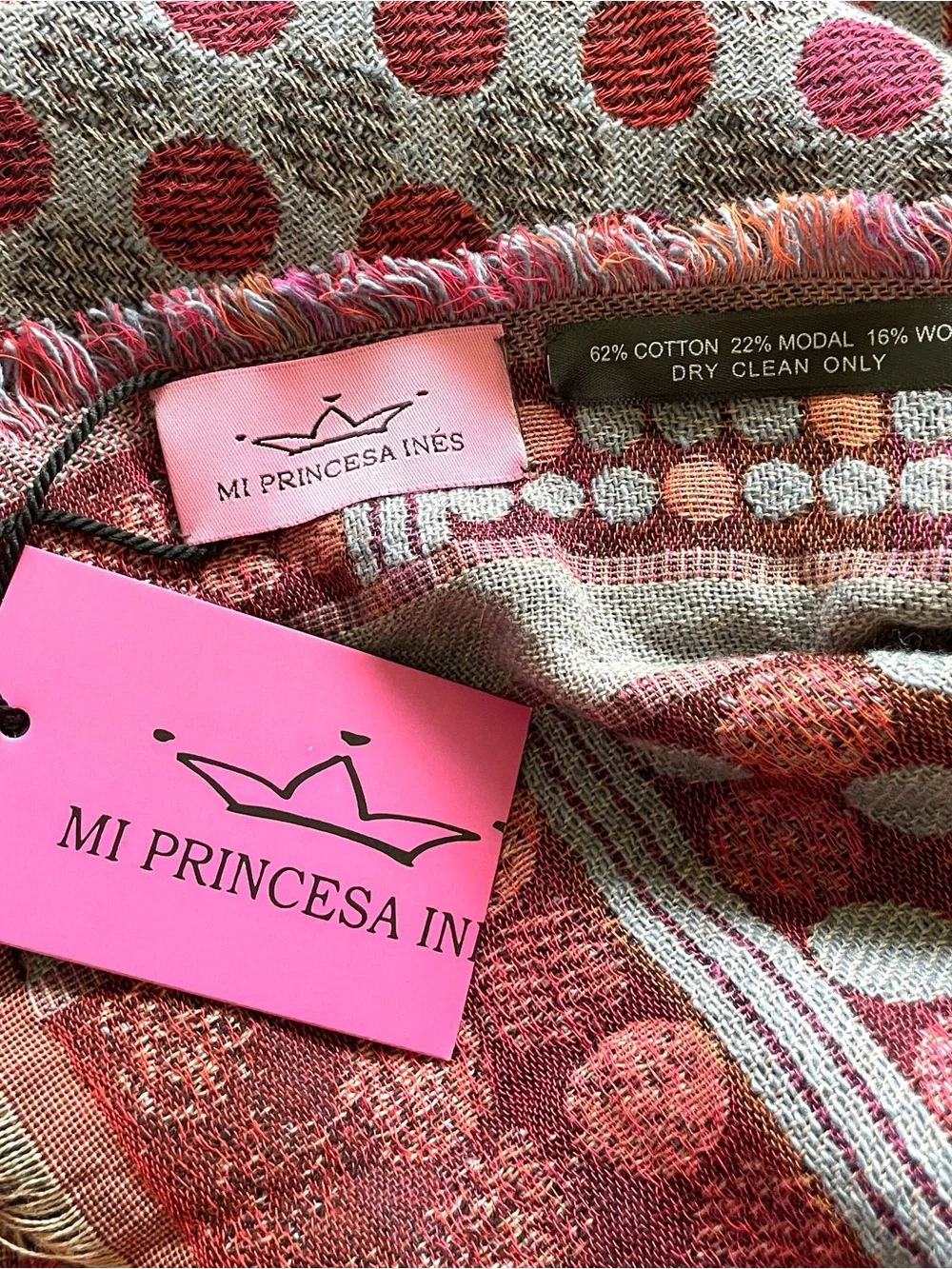 Mi Princena Ines NWT Gray Pink Polka Dot Woven Shawl Wrap Fringe Wool Scarf